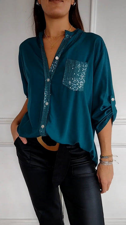 🔥2024 HOT SALE🔥Polyester V-neck Sequin Mid-sleeve Casual Top