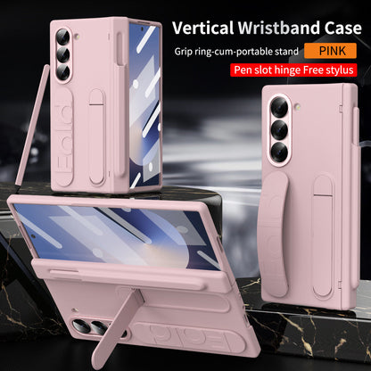 Luxury Vertical Wristband Bracket Phone Case For Samsung Galaxy Z Fold 6/5 with Pen Slot Hinge + Stylus