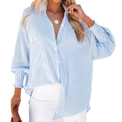 Striped Stand Collar Loose Long Sleeve Shirt