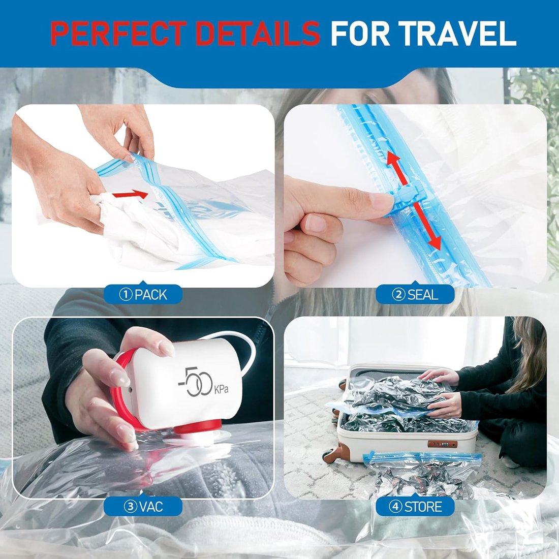 9 Pack Lightweight Travel Bags with USB Electric Pump | Compact Vacuum Storage Bags for Clothes | Space Saver Compression Bags for Travel