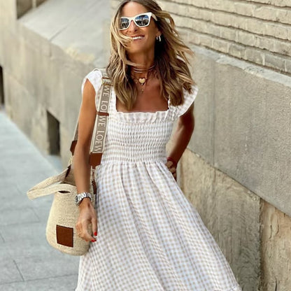 ✨Women's Retro Plaid Smocked Dress Spaghetti Strap Flounce Long Dress