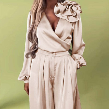 🌸NEW HOT SALE✨Effortless Elegance!💃Women’s V-Neck Top & Wide-Leg Pants 2-Piece Set – Chic & Comfortable!🌸