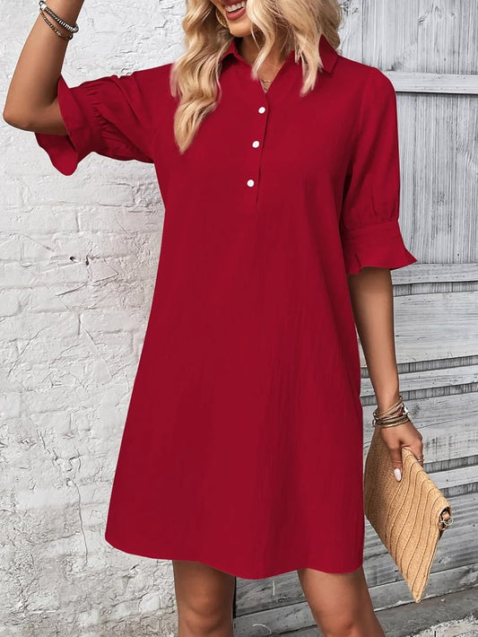 Limited time sale🔥 Womens Casual Shirt Dress Ruffle Sleeve Solid Color Button Down