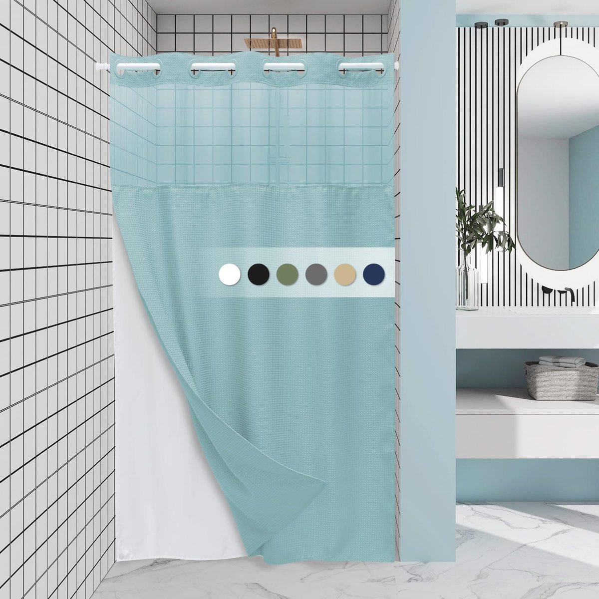 🔥🔥No Hook Shower Curtain with Snap in Liner