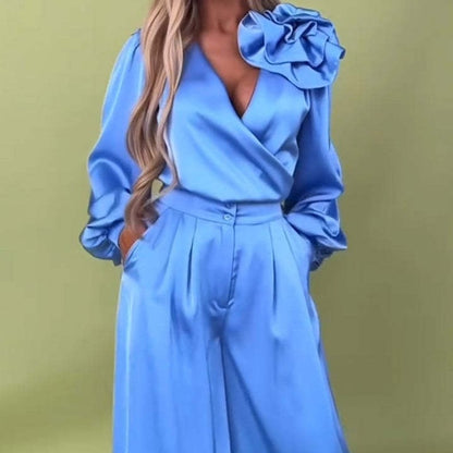 🌸NEW HOT SALE✨Effortless Elegance!💃Women’s V-Neck Top & Wide-Leg Pants 2-Piece Set – Chic & Comfortable!🌸