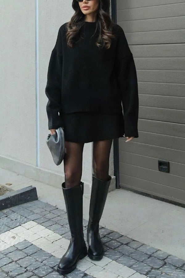 Solid Color Casual Knit Top and Knit Stretch Mini Skirt Set