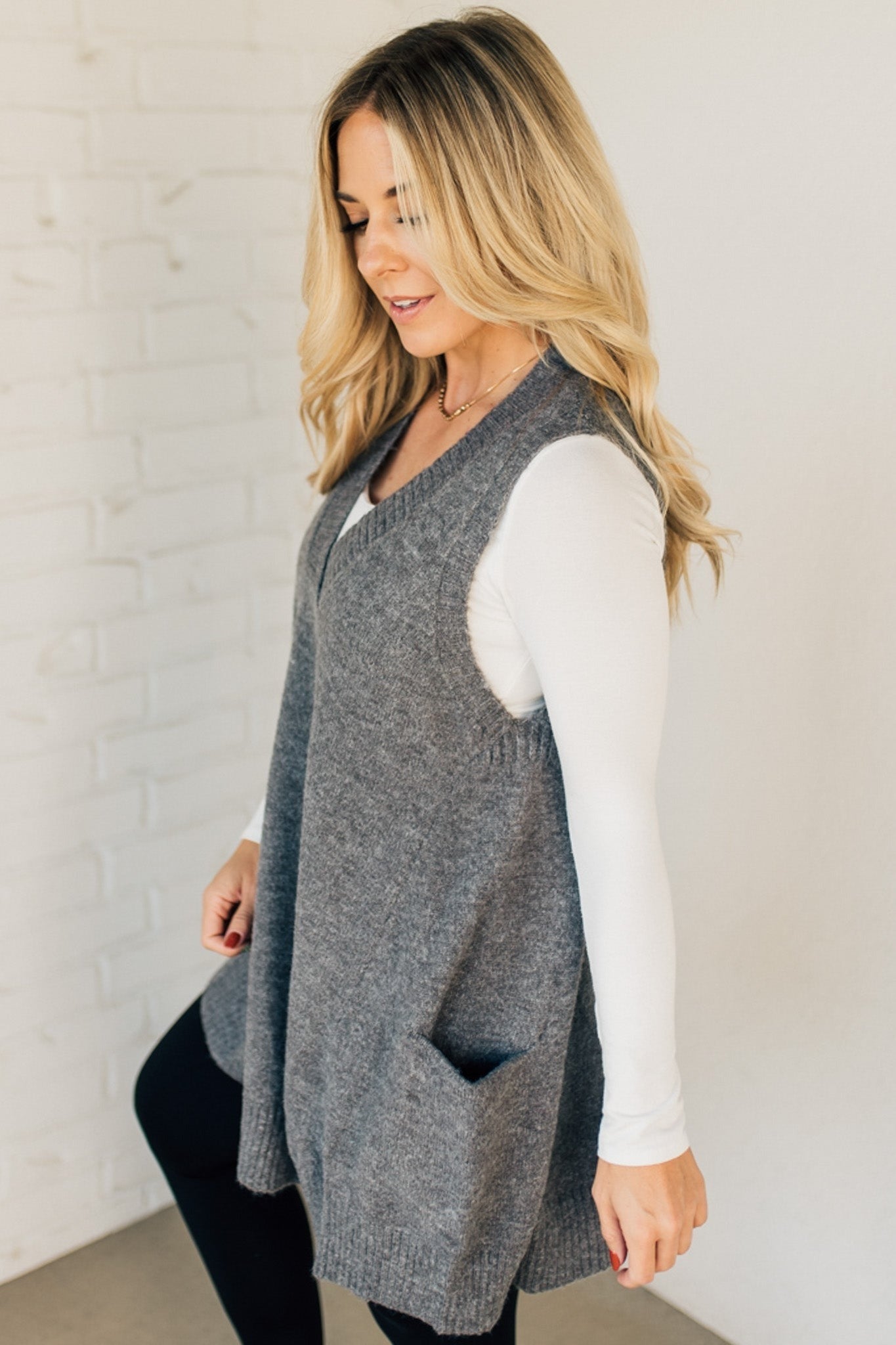 V Neck Sleeveless Pocket Sweater Vest