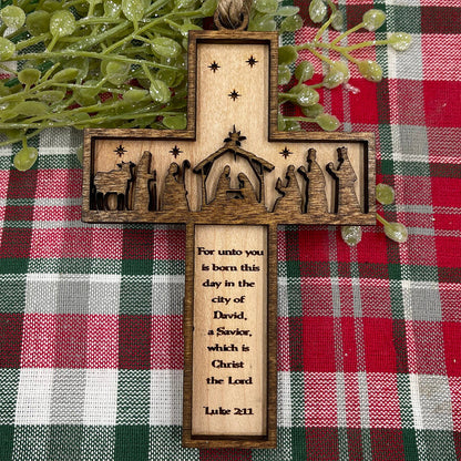 Nativity Cross Scripture Ornament - Religious Luke 2:11