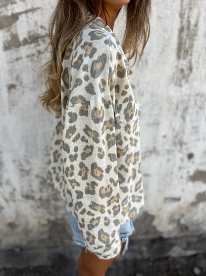 Leopard Printed Linen Blouse