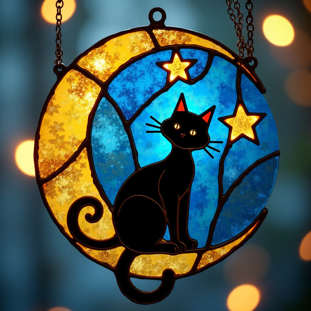 Whimsical Moonlight Cat Window Hanging