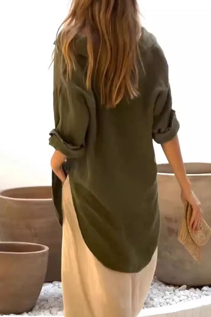 Long Sleeve Button Decor Linen Women Shirt