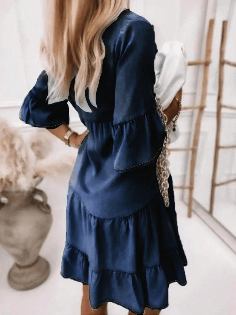 👗V-Neck Ruffle Trim Summer Dress – Lightweight Denim Look