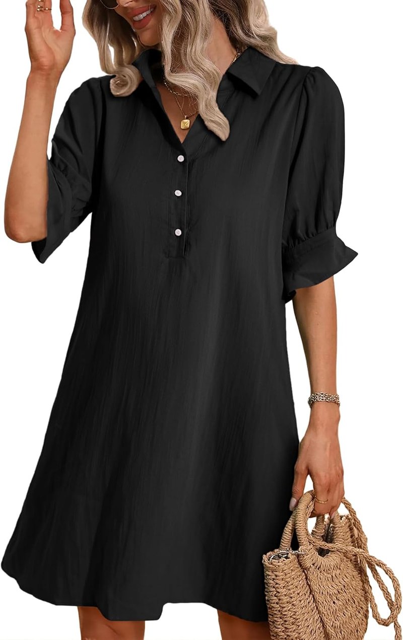 Limited time sale🔥 Womens Casual Shirt Dress Ruffle Sleeve Solid Color Button Down