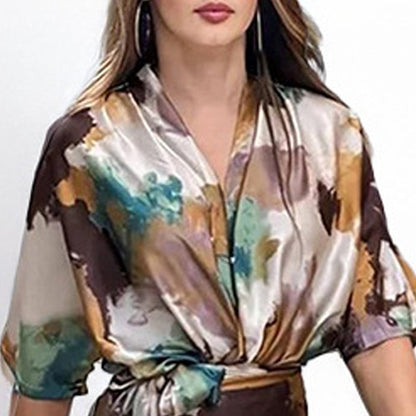 Women's Elegant Satin Abstract Print Wrap Dress