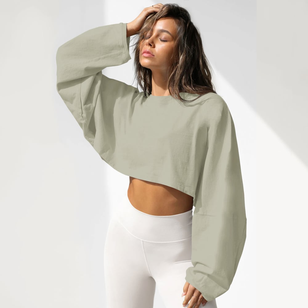 Women Long Sleeve Cropped Sweatshirt Oversized Crew Neck Workout Tops