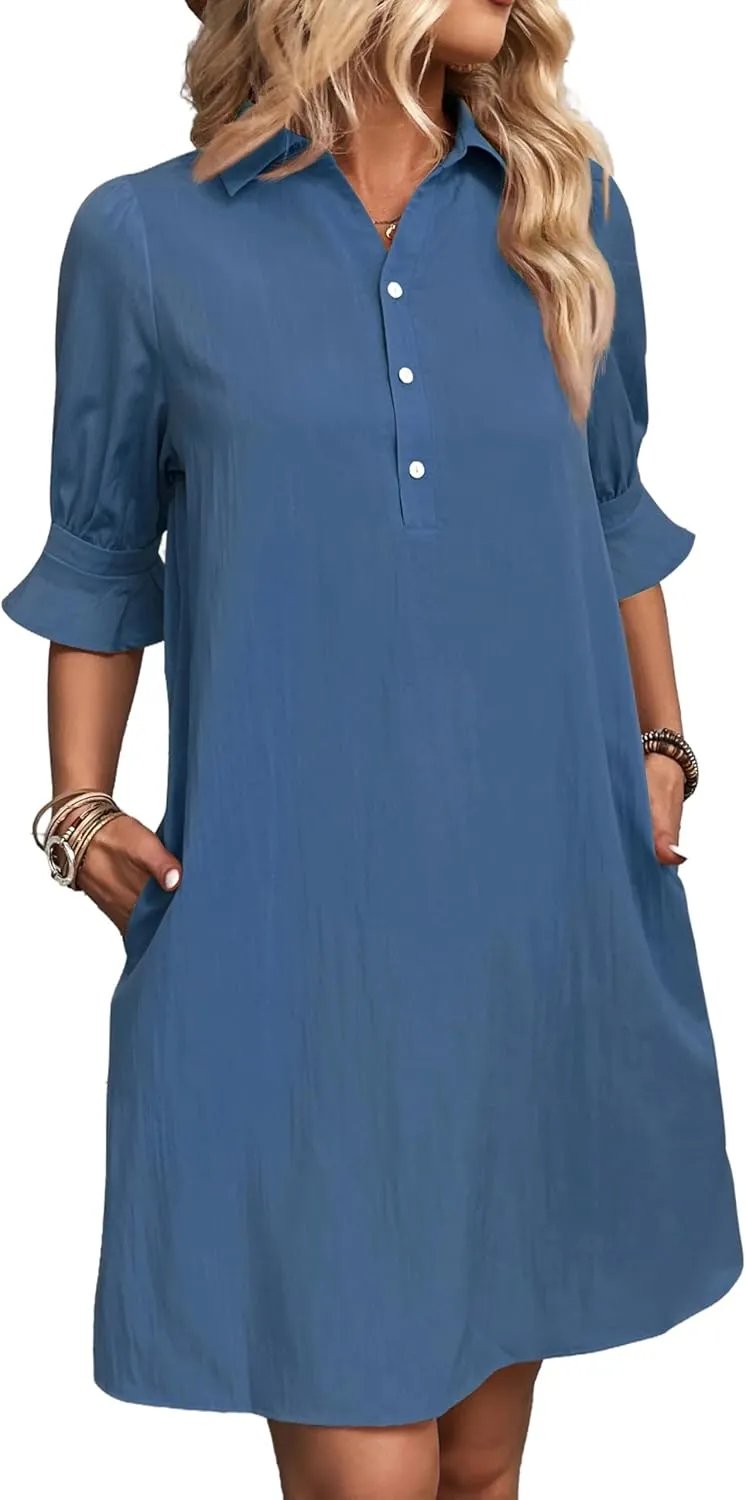 Limited time sale🔥 Womens Casual Shirt Dress Ruffle Sleeve Solid Color Button Down