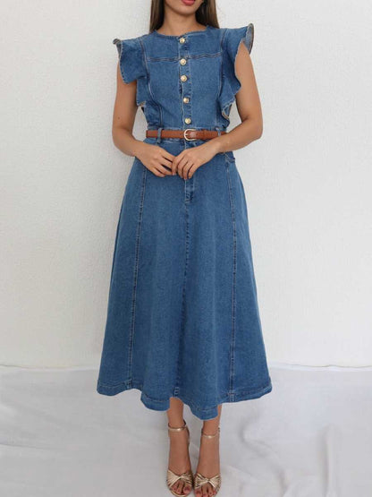Women's Ruffle Trim Denim Midi Dress