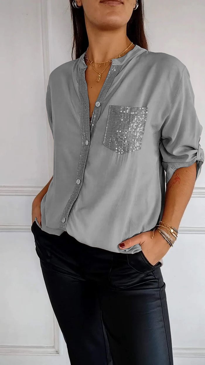 🔥2024 HOT SALE🔥Polyester V-neck Sequin Mid-sleeve Casual Top