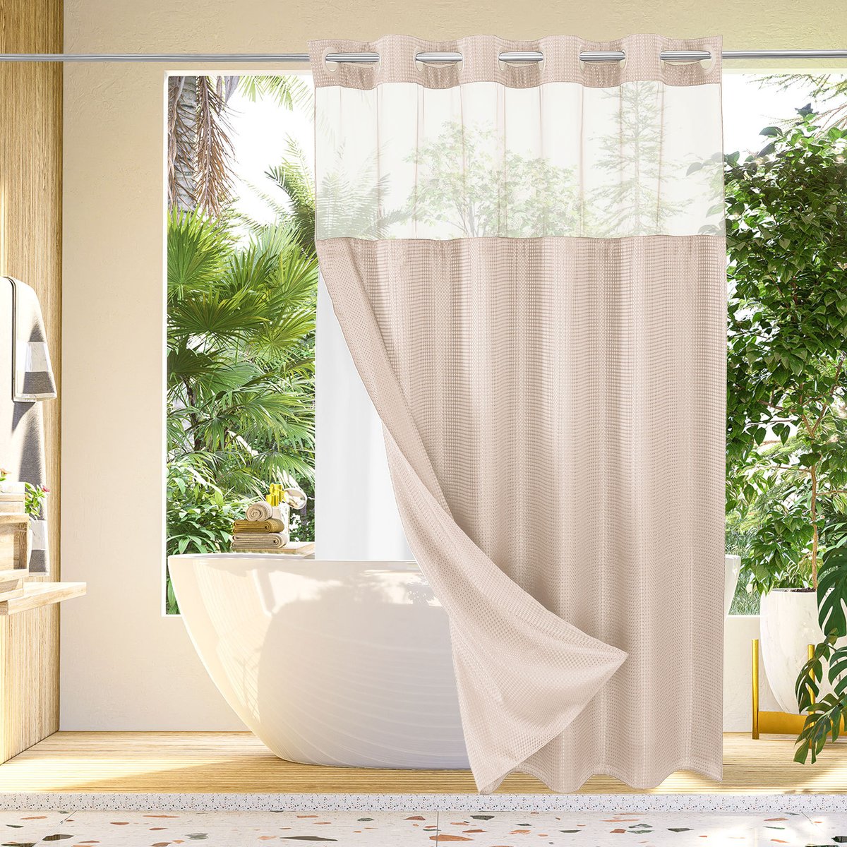 🔥🔥No Hook Shower Curtain with Snap in Liner