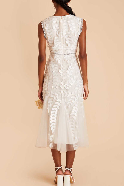 Tulle Midi Dress with High Neck and 3D Lace Leaf Detail