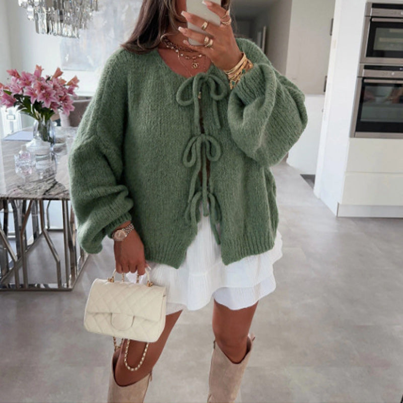 Women's Solid Color Tie Neck Drop Shoulder Cardigan