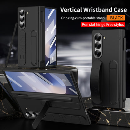 Luxury Vertical Wristband Bracket Phone Case For Samsung Galaxy Z Fold 6/5 with Pen Slot Hinge + Stylus