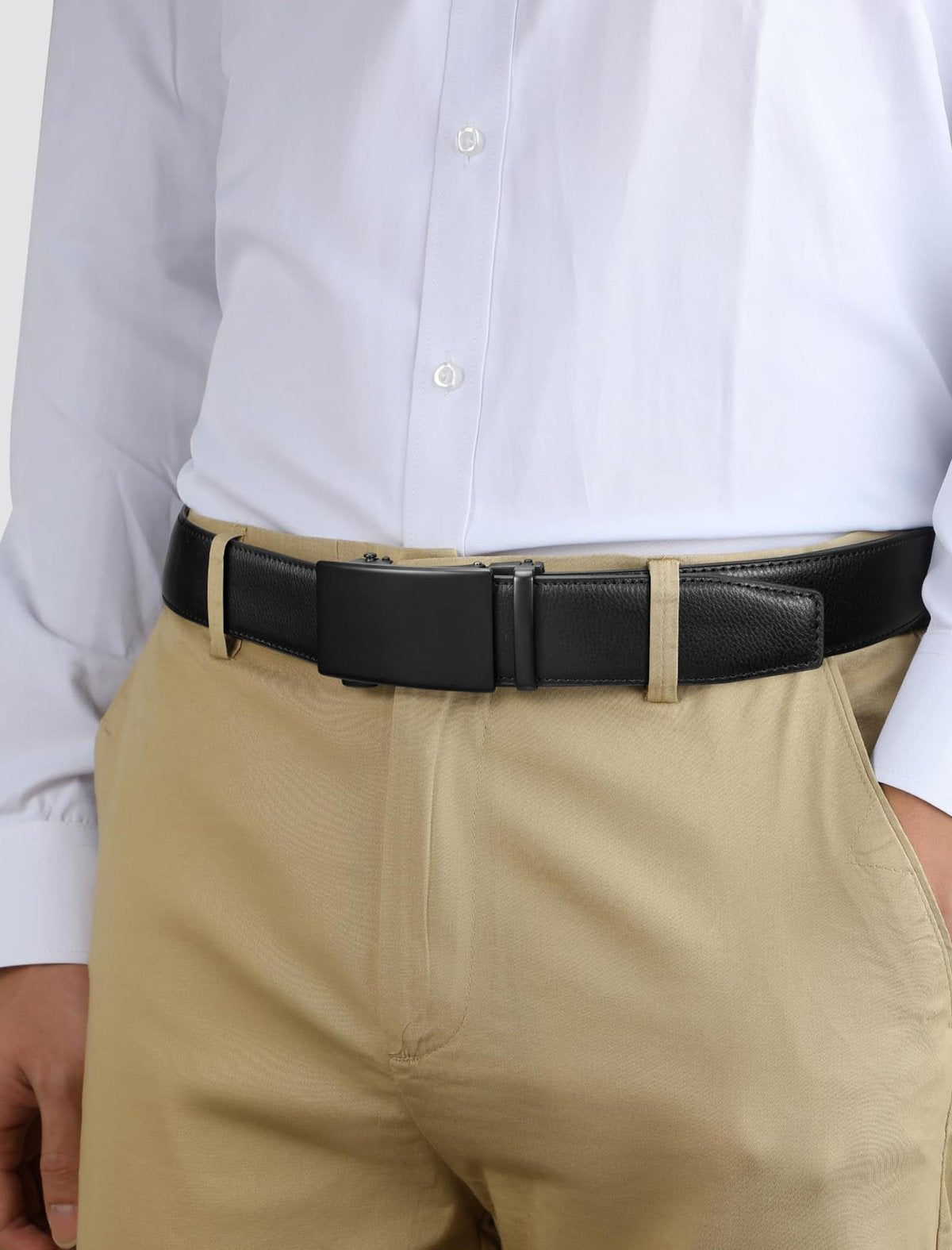 Men's Adjustable Buckle Leather Ratchet Belt, Trim to Fit