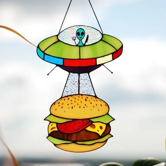 🛸UFO Abduction a Cow Stained Glass Suncatcher