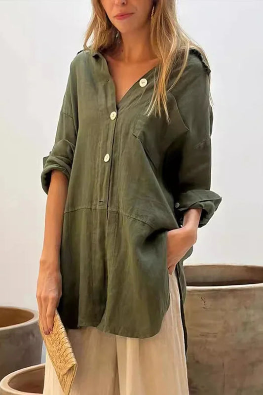 Long Sleeve Button Decor Linen Women Shirt
