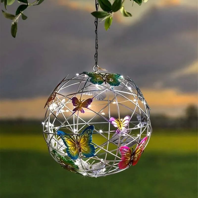 Solar Lighted Hanging Mesh Orb with Colorful Butterflies