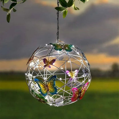 Solar Lighted Hanging Mesh Orb with Colorful Butterflies