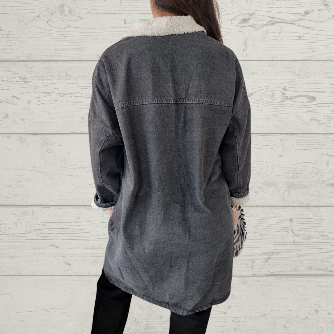 Mid-Length Lamb Wool Washed Denim Lapel Coat