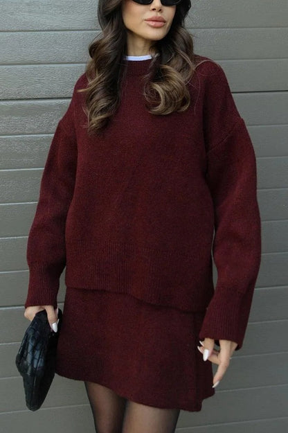 Solid Color Casual Knit Top and Knit Stretch Mini Skirt Set