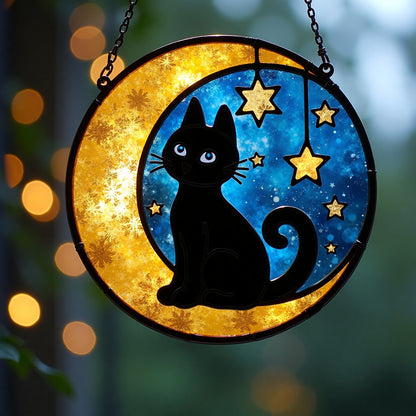 Whimsical Moonlight Cat Window Hanging