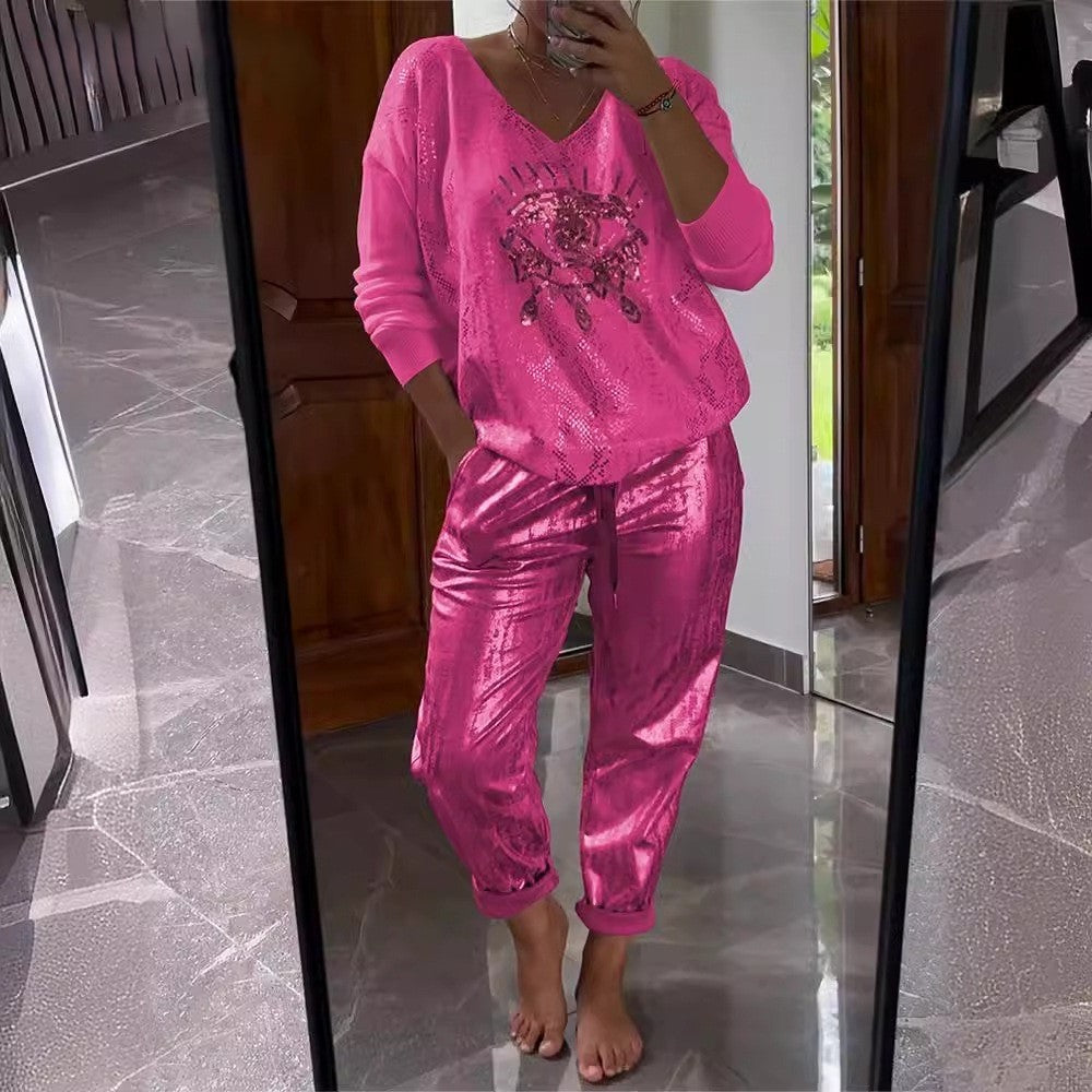 ✨Gold Shining Eye Print 2-piece suit: Blouse and trousers