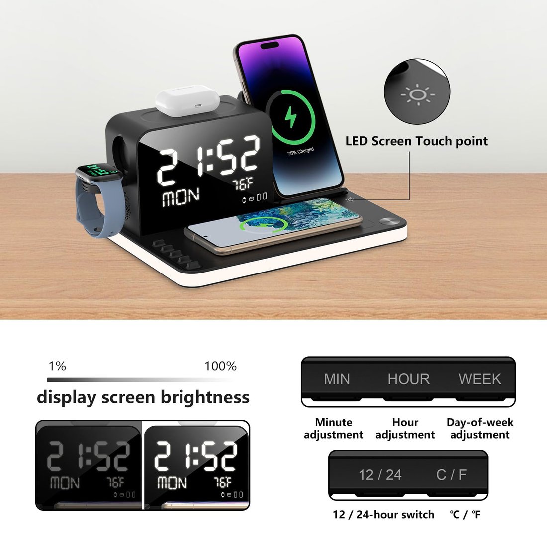 7 in 1 Charging Station with Clock, Wireless Charger with Night Light