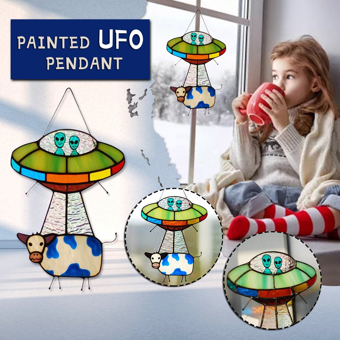 🛸UFO Abduction a Cow Stained Glass Suncatcher