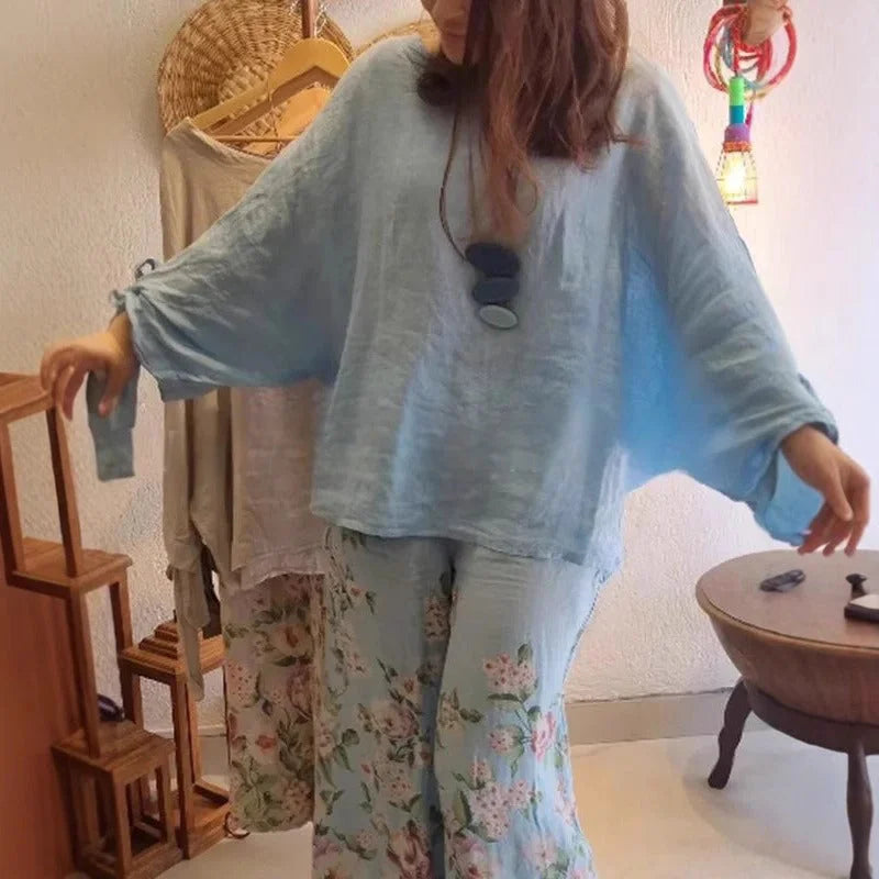 💥Women's Loose Fit Blouse & Floral Printed Wide-Leg Pants Set