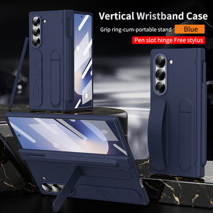 Luxury Vertical Wristband Bracket Phone Case For Samsung Galaxy Z Fold 6/5 with Pen Slot Hinge + Stylus