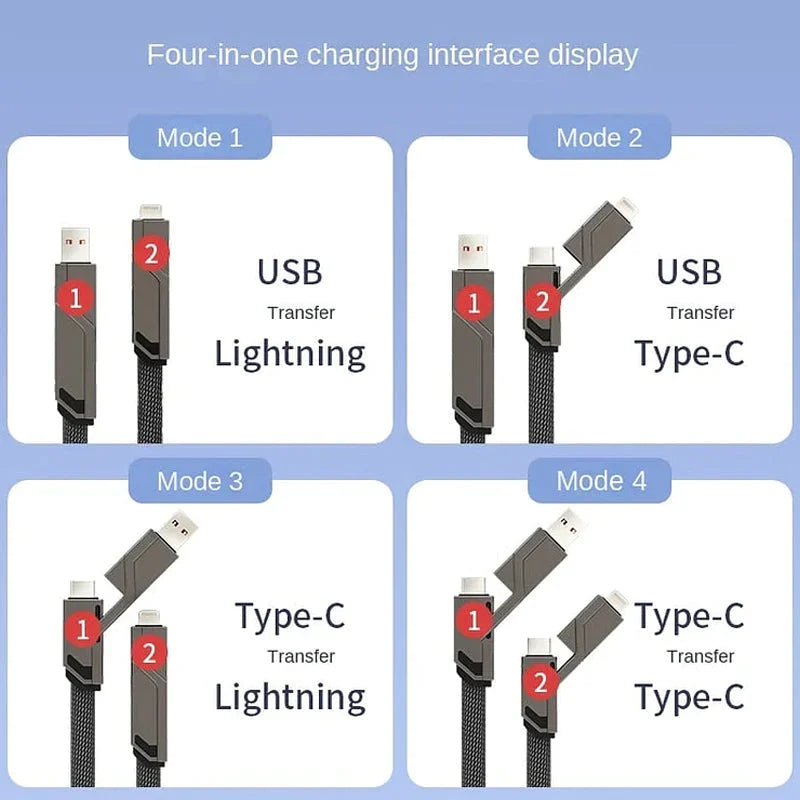 🔥4-in-1 Flat Braided Anti-tangle Charger Cable with Velcro