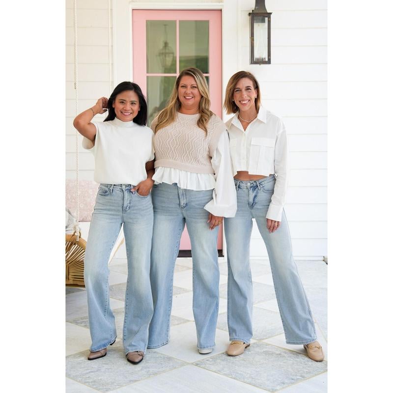 🏆LAST DAY SALE 50% OFF💥Plus Size Vintage Wash Tummy Control Stretchy Top Straight Leg Jeans