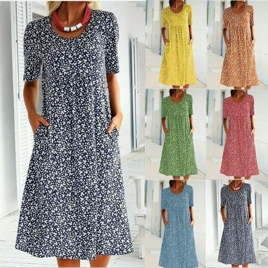 🎁2025 New Year Hot Sale💖Round Neck Floral Dress（8 Colors with Pockets）