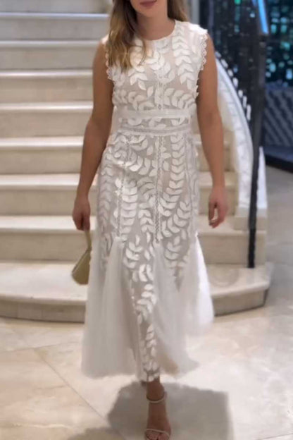 Tulle Midi Dress with High Neck and 3D Lace Leaf Detail