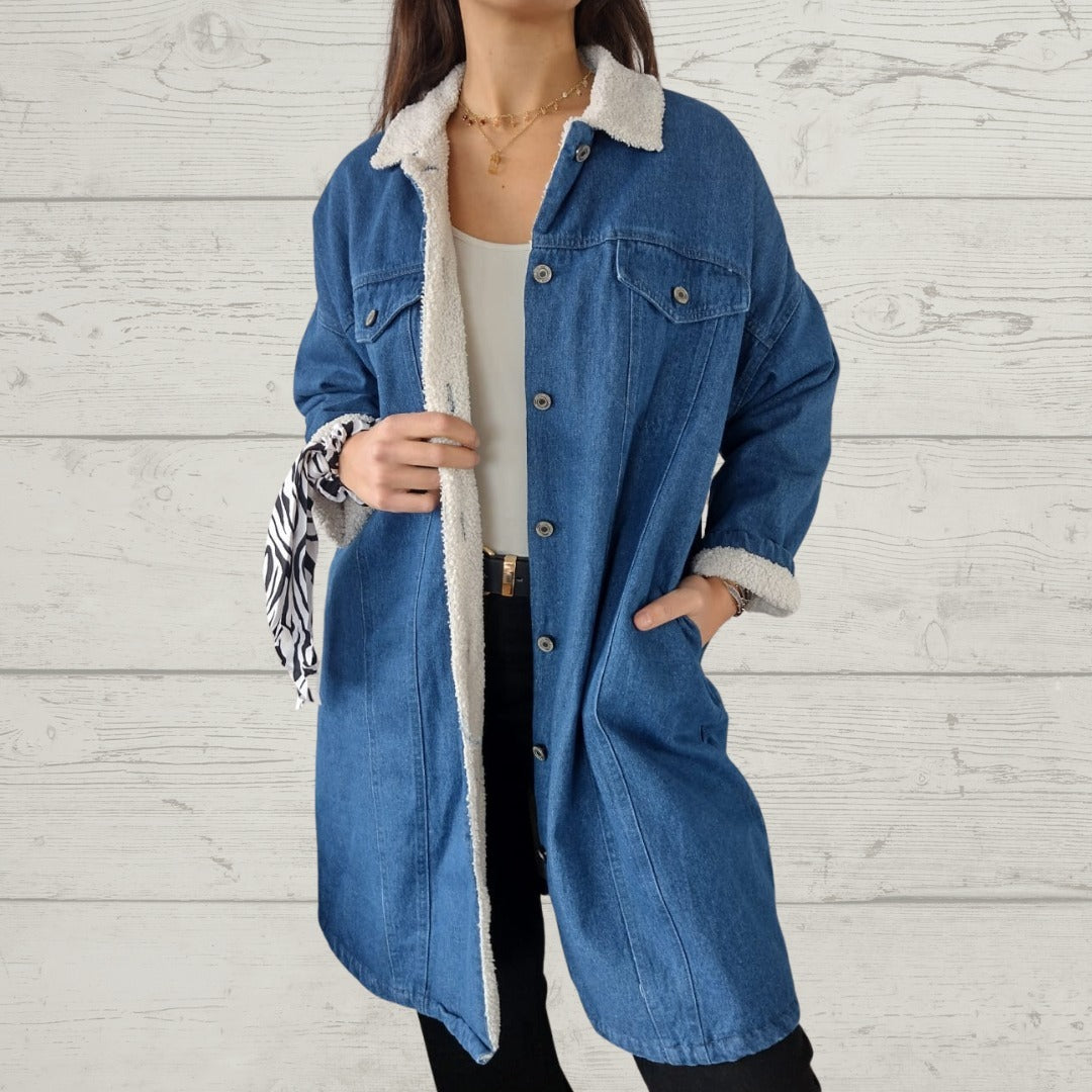 Mid-Length Lamb Wool Washed Denim Lapel Coat