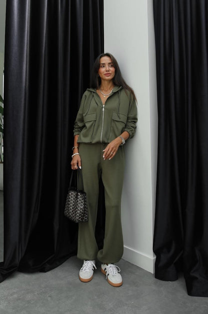 Zipper Hoodie and Elastic Waist Set