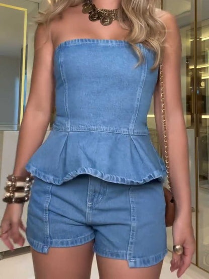 Stylish Denim Peplum Top and Shorts Set