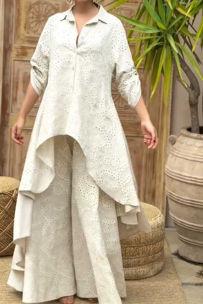 Bohemian Eyelet Embroidered Oversized Shirt and Palazzo Pants Set
