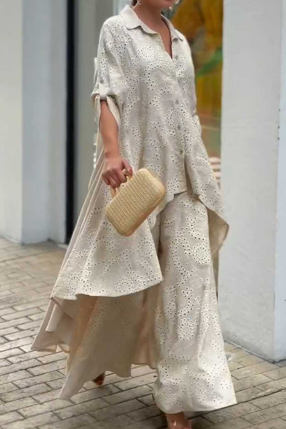 Bohemian Eyelet Embroidered Oversized Shirt and Palazzo Pants Set