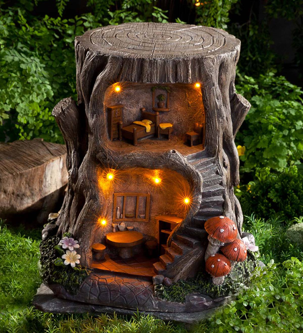 Two-Story Fully-Furnished Solar Lighted Fairy House in a Stump （Free Shipping）