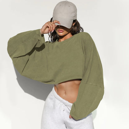 Women Long Sleeve Cropped Sweatshirt Oversized Crew Neck Workout Tops